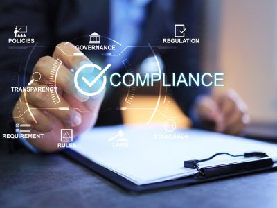 Compliance concept with businessman tick checkmark to applied standard and regulation for export products to foreign countries to meet government trade requirement in global business