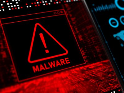 Malware Detected Warning Screen with abstract binary code 3d digital concept